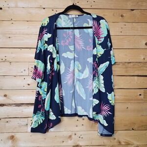 Gorilla Cat Navy Blue Tropical Leaf Kimono Cardigan Coverup Open Front Small